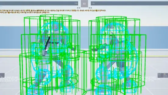Hitbox visualization during an evasion test in FightingEngine