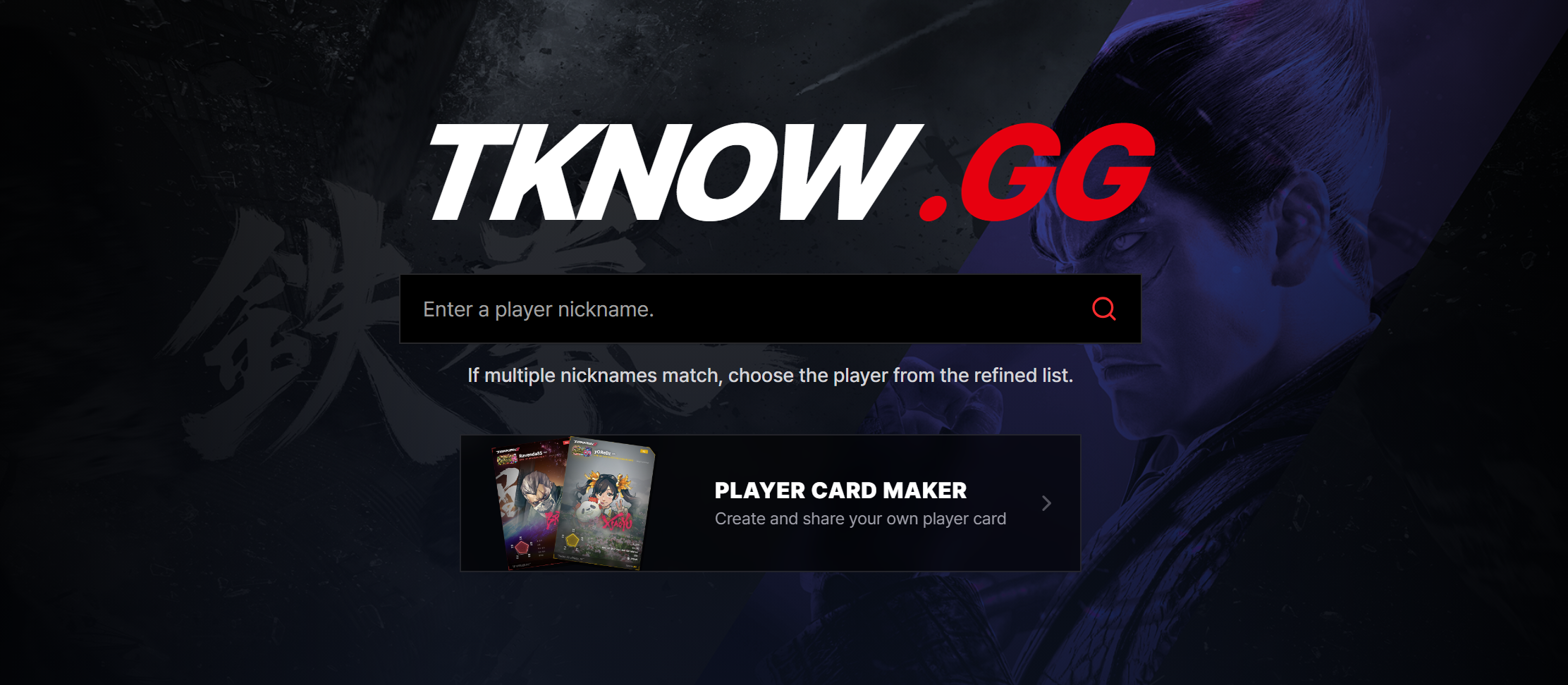 TKNOW.GG homepage with player search and Player Card Maker